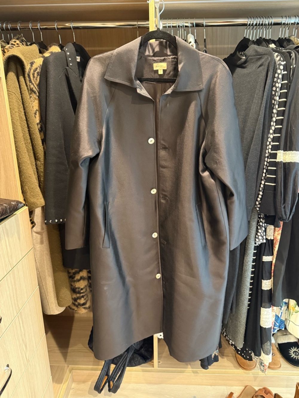DONNI. Brown Satin Car Coat